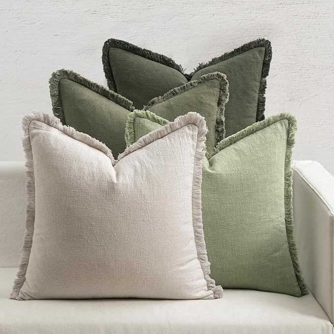 MIULEE Fall Linen Fringe Pillow Covers Set of 4 20x20 Beige/Sage Green | Boho Farmhouse Decorative Throw Pillow Covers, Neutral Soft Rustic Cushion Cases, for Couch Sofa Bed Living Room Home Decor