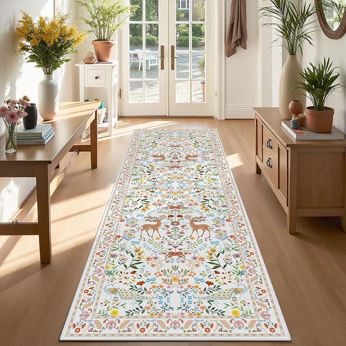 White Floral 2'6"x8' Washable Non Slip Runner Rugs for Hallways, Non Skid Stain Resistant Rug Runners for Kitchen, Entryway, Mudroom - Cottagecore Home Decor