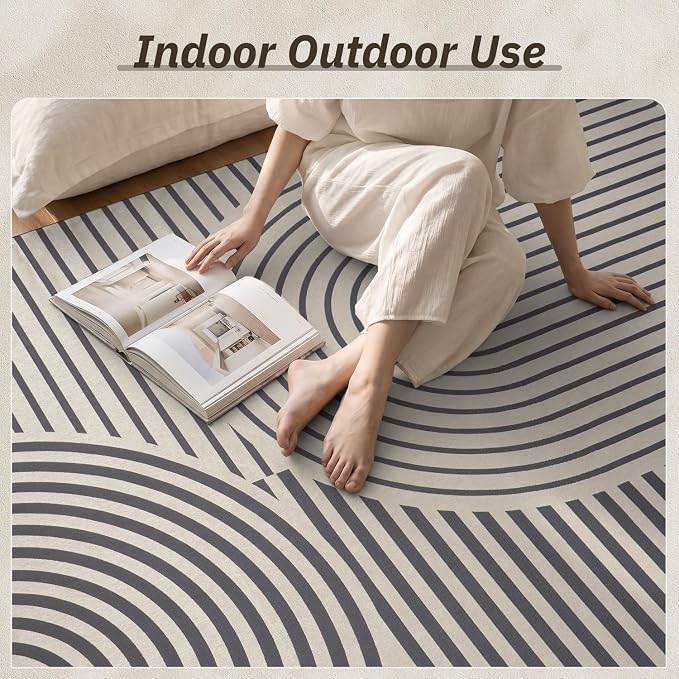 AMOAMI Outdoor Rug Patio Rug 9x12 ft Quick Dry Flatweave Textured Machine Washable Outdoor Carpet with Rubber Particles Backing Boho Outdoor Area Rug for Patio Deck Front Porch Balcony Greyish Black
