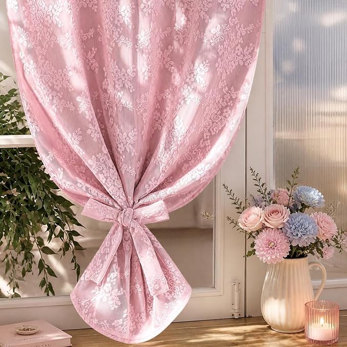 Yinhua Pink Kitchen Curtains 36 Inch Length Double Layer Blackout Curtains for Kitchen Rod Pocket Short Curtain for Windows, Small Window Curtain for Bathroom, Living Room, 2 Panels