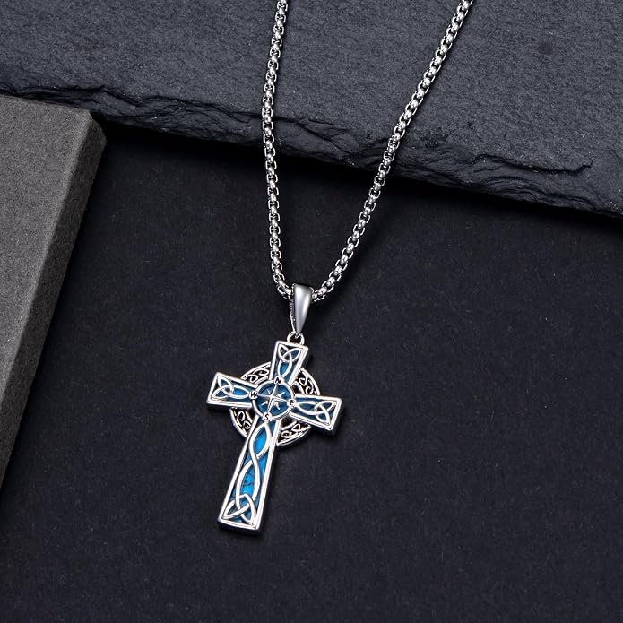 HPQQ Cross Necklace 925 Sterling Silver Turquoise Tree of Life Celtic Knot Cross Pendant Jewelry Mother's Day Gifts for Women