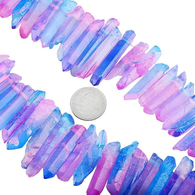 SUNYIK Hot Pink/Blue Titanium Coated Crystal Points Quartz Rough Sticks Spikes Point Beads 15 inch Strand Drilled