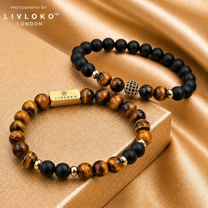 LONDON Mens Bracelet Leather Black Multi-Layer Stone Beads Adjustable Steel Clasp Viking Rope Bands Surfer Man Wristband Male UK Jewellery Gift box Boyfriend Dad Son Brother Tiger Eye