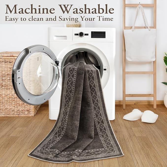Lahome Modern Bordered Washable Runners for Hallways, 2.5x8 Kitchen Runner Rug Non Slip, Ultra-Thin Hallway Rug Soft Carpet for Bedroom Entryway Bathroom Laundry(2.5'x 8',Brown)
