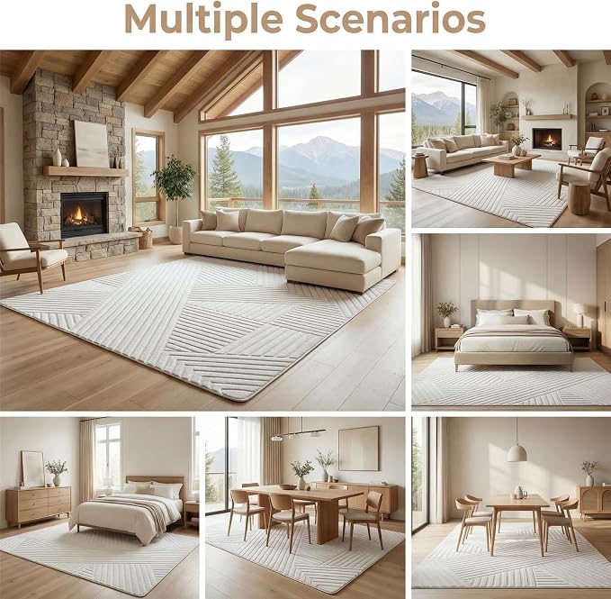 5x7 Beige Solid Geometric Area Rugs for Living Room Bedroom, Washable | High-Low Pile Textured Carpet, Ultra Soft, Durable, Non-Slip, Fluffy Floor Rugs for Bedroom, Kids Room, Nursery, Home Décor