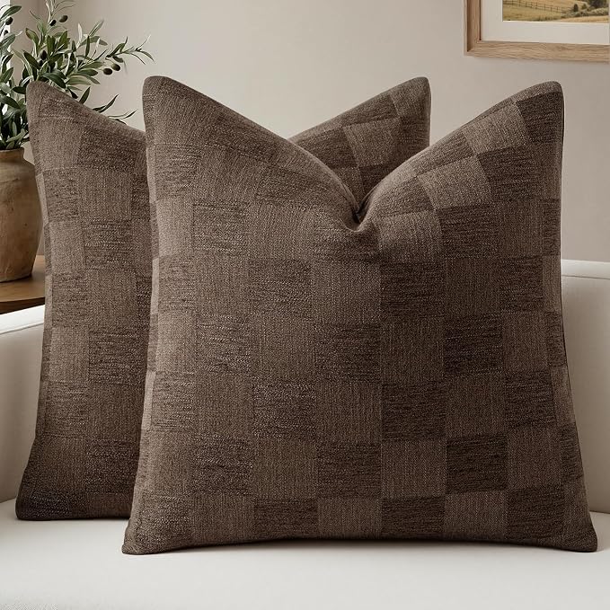 a moment Set of 2 Decorative Linen Throw Pillow Covers,Large Grid Textured Neutral Boho Farmhouse Cushion Covers,Soft Aesthetic Pillowcases for Couch Sofa Living Room Home Decor,16x16 Inch,Dark Brown
