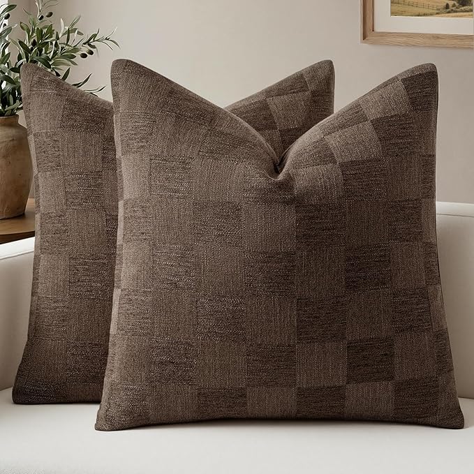 a moment Set of 2 Decorative Linen Throw Pillow Covers,Large Grid Textured Neutral Boho Farmhouse Cushion Covers,Soft Aesthetic Pillowcases for Couch Sofa Living Room Home Decor,20x20 Inch,Dark Brown
