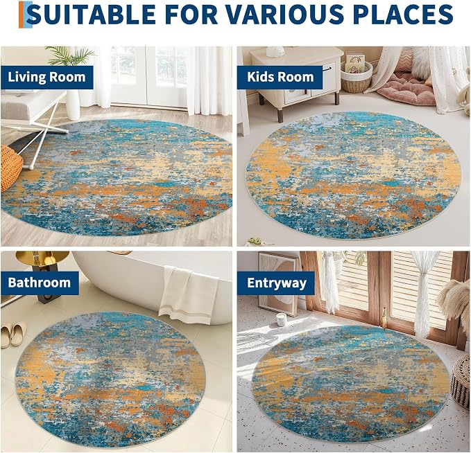 ROYHOME Modern Abstract 4x4 Round Area Rug Non Slip Non Shedding Rug Low Pile Stain Resistant for Bedroom Living Room Office Dining Room,Multi Color