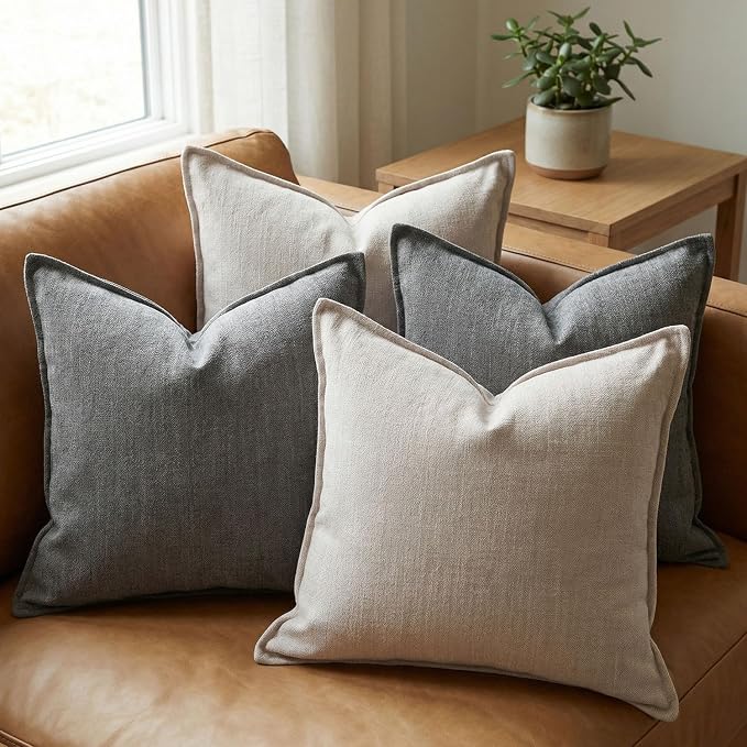18x18 Inches Throw Pillow Covers Set of 4 Soft Textured Chenille Decorative Cushion Cases for Couch Sofa Bed Modern Farmhouse Neutral Accent Covers with Hidden Zipper Beige Coffee