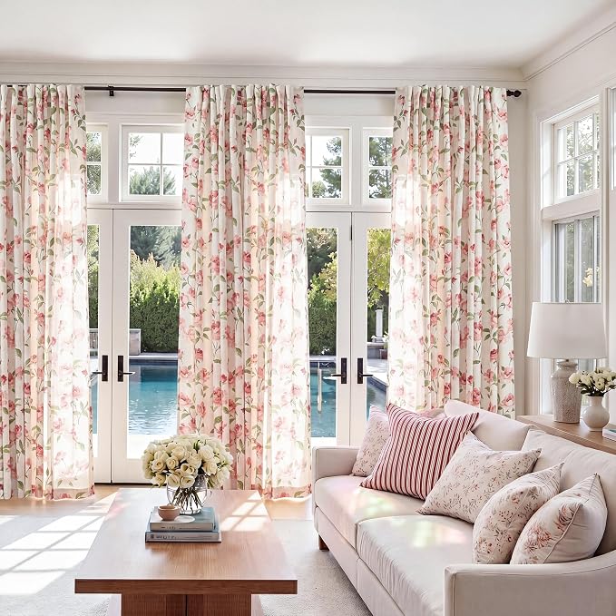 jinchan Pink Floral Linen Curtains 84 Inch Cottagecore Back Tab 2 Panels | Light filtering drapes, semi sheer, farmhouse, watercolor, romantic, living room, bedroom, rod pocket, window treatment