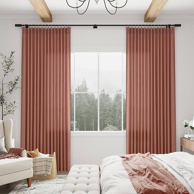 Aersas Canyon Rose Pinch Pleated Linen Curtains 63 Inch Length 2 Panels for Living Room Bedroom Semi Sheer Window Curtain Boho Neutral Back Tab Pinch Pleat Drape with Hooks 40x63