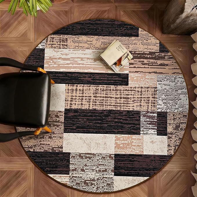 FlyDOIT Modern Round Area Rug for Living Room, 5Ft Washable Round Rug Chocolate Geometric Patchwork Circle Rugs for Dining Room Table, Large Circular Floor Carpet for Bedroom Home Office