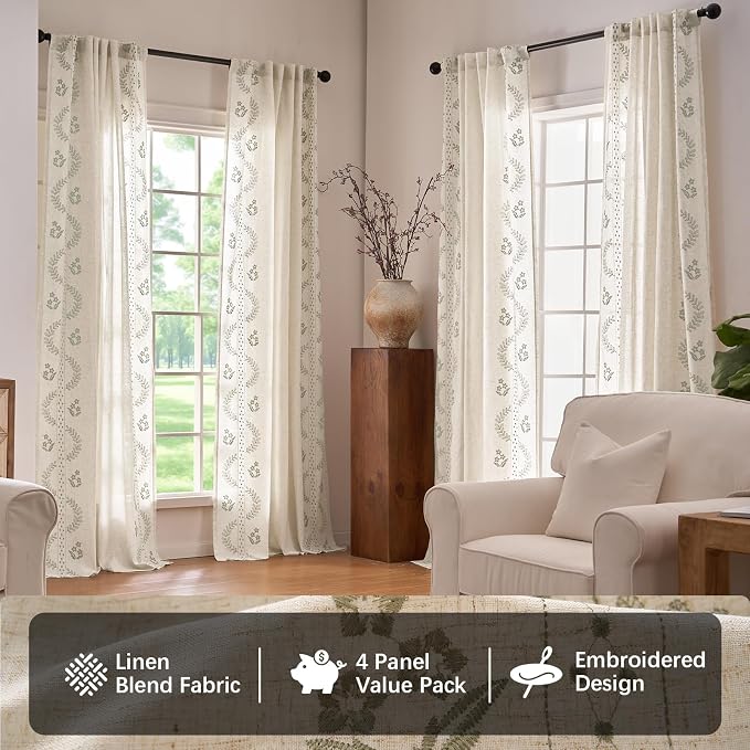 jinchan Floral Linen Curtains 84 Inch Back Tab 4 Panels Sage Green | Embroidered curtains,boho curtains,living room,bedroom,light filtering,privacy,flower patterned drapes,window treatment