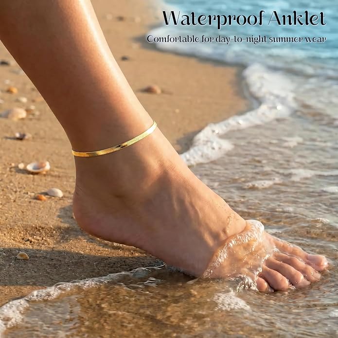 DEARMAY Gold Anklets for Women Waterproof, Non Tarnish14K Gold Plated Ankle Bracelets Set Stack, Summer Beach Jewelry Gifts for Vacation, Bikini Outfits for Women Mom Her