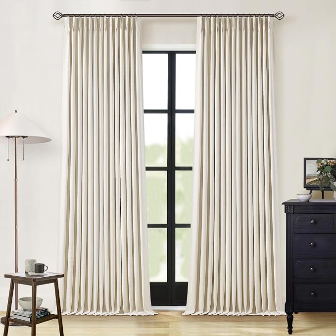 Cream Beige Pinch Pleated 120 Inch Curtains High Ceiling Linen Curtains | 100% Blackout Heat Insulated, for Living Room Bedroom Large Window, Pinch Pleat Back Tab, Bohemian Cottage, 2 Panels Set