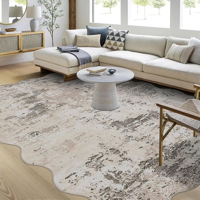 ROYHOME Modern Abstract Scalloped Area Rug 10x13 Non Slip Non Shedding Rug Low Pile Stain Resistant for Bedroom Living Room,Brown Grey