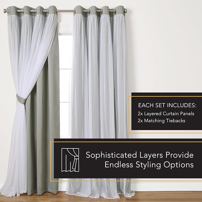 TOWN & COUNTRY LUXE Talia Double Layer Indoor Curtains, Sheer and Room Darkening Blackout, Grommet Top, Energy Efficient, 2-Pack Set, 52"x120", Soft Grey