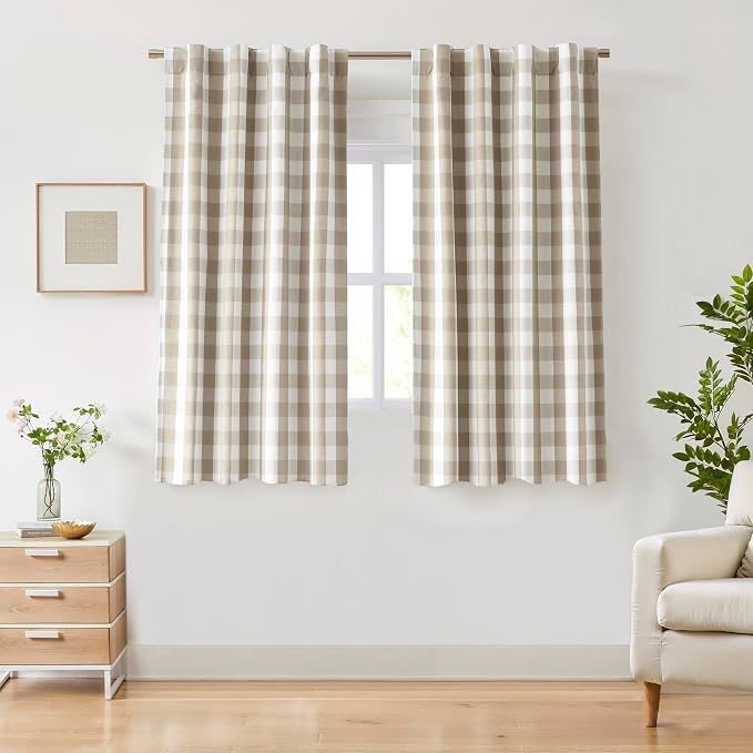 Beige White Buffalo Plaid Full Blackout Bedroom Curtains 72 Inch | Rustic Gingham Drapes with Room Darkening Liner,Thermal Insulated Window Treatment,Rod Pocket Back Tabs,40"Wx72"Lx2