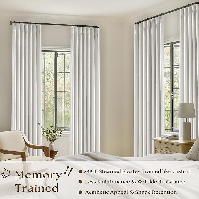 Beige White Pinch Pleat 100% Blackout Linen Curtains 2 Layers 45 Inch Long | Memory Trained, Thermal Insulated, UV Blocking, Noise Reducing, Room Darkening, Black Out Short Curtains for Kitchen 2 Panels