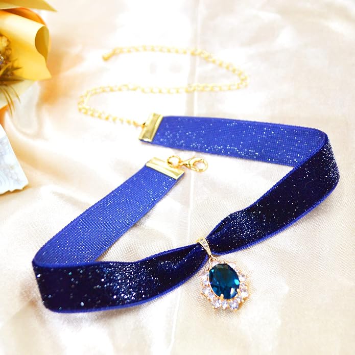 MOMOCAT 14K Gold Plated Sapphire Imitation Velvet Choker Necklace for Women Thick Chokers Birthstone Chocker Vintage Pendant Necklaces Chockers for Women Teen Girls Princess Costume Jewelry Aesthetic