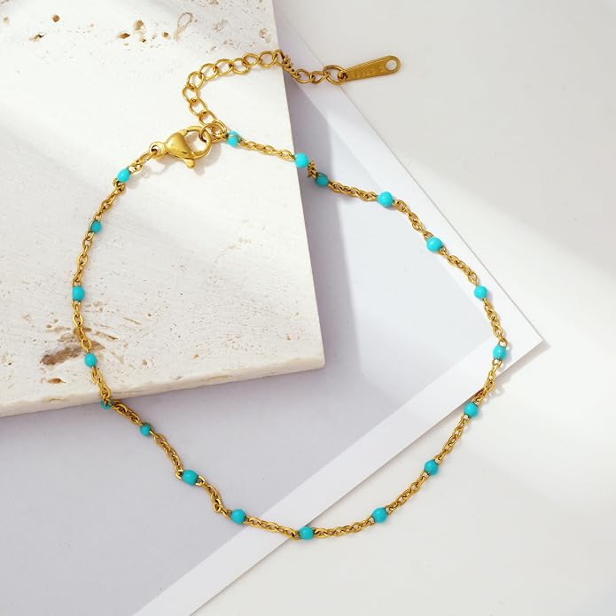 Dainty Ankle Bracelets for Women 18K Gold Plated Satellite Beaded Herringbone Lip Chain Anklets Simple Minimalist Summer Beach Foot Jewelry Christmas Gifts