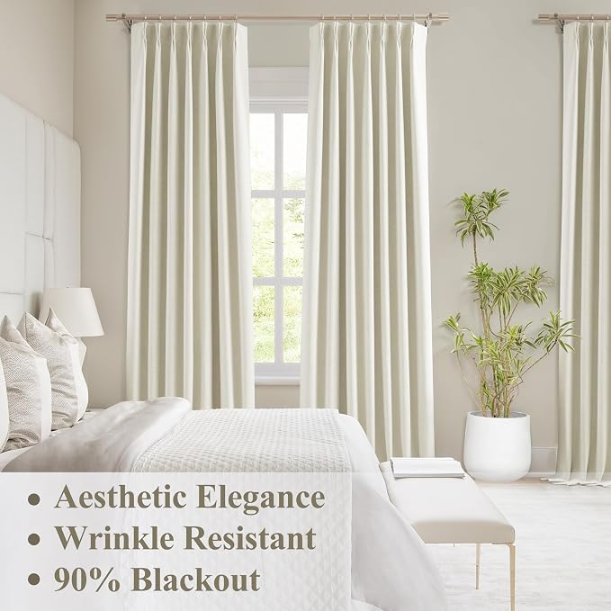 WEST LAKE Chenille French Pleated 90% Blackout Window Curtains 90 Inch | Beige Triple Weave Heavy Light Blocking Drapes,Neutral Modern Window Treatment,Back Tabs,40"Wx90"L,Pack of 2,Beige
