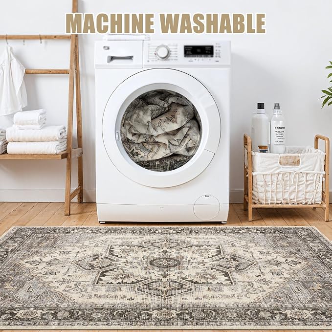 11x14 Area Rugs for Living Room - Large Carpet Ultra Thin Soft Washable Oriental Vintage Floral Distressed Rug Big Indoor Carpets for Bedroom Nursery Dorm Home Decor Aesthetic - Grey Brown