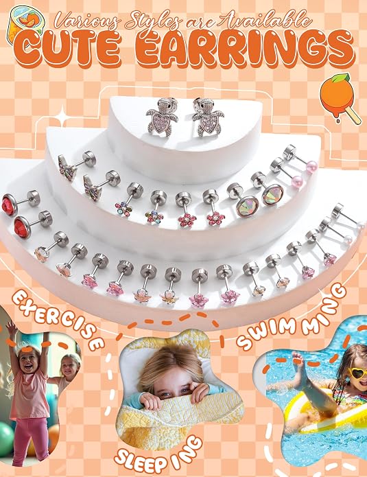 LOYALLOOK 14Pairs Hypoallergenic Screwback Earrings for Women Girls Tiny CZ Pearl Ball Heart Flower Screw Back Earring Studs 316L Stainless Steel Stud Earrings Flatback 20G Over 3 Years Old