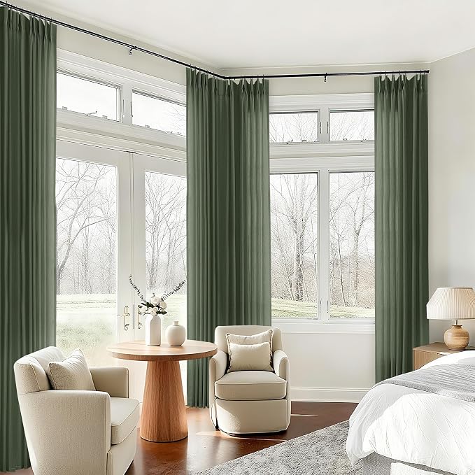 Olive Green Pinch Pleat Linen Curtains 84 Inches Long Semi Sheer | Light Filtering, Pleated Window Curtain, Hooks Rings, Back Tab, for Living Room Bedroom, 84 Inch Length, Spring Decor 1 Panel
