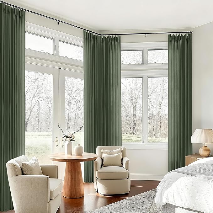 Olive Green Pinch Pleated Linen Curtains 120 Inches Long Semi Sheer | Light Filtering, Extra Long, Pleat Drapes, for Living Dining Room Bedroom, Farmhouse Boho, Rings Hooks, Back Tab, 1 Panel
