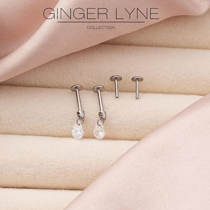 Titanium Pear Cut Labret Stud Dangle Earrings for Piercings by Ginger Lyne Teardrop Cz 6Pc Set G23 Screw Front Flat Back Body Jewelry 2 pair post 6mm, 8mm Cartilage, Helix, Tragus, Lip, Conch, Lobe