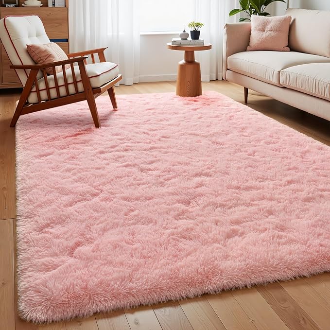 Macgace Light Pink Rugs for Bedroom Girls, 5x7 Shag Rug Fluffy Area Rugs with Non-Slip Backing for Living Room, Fuzzy Plush Carpet Washable Rug Cute Home Decor Aesthetic for Nursery Dorm Office