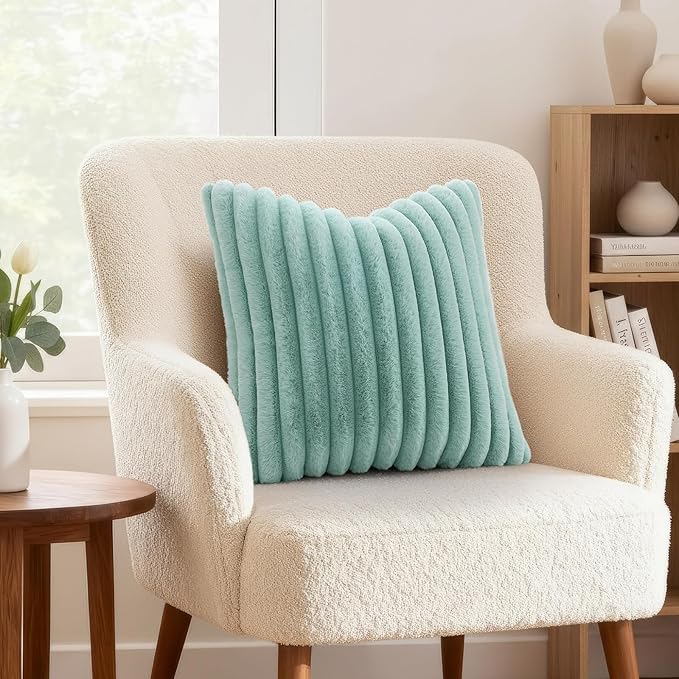 decorUhome Fall Faux Fur Throw Pillow Covers 20x20 Set of 2 Aqua | Decorative Soft Cozy Striped Plush Modern Farmhouse Boho Couch Pillow Cases Velvet Back for Sofa Bed Living Room Home Decor