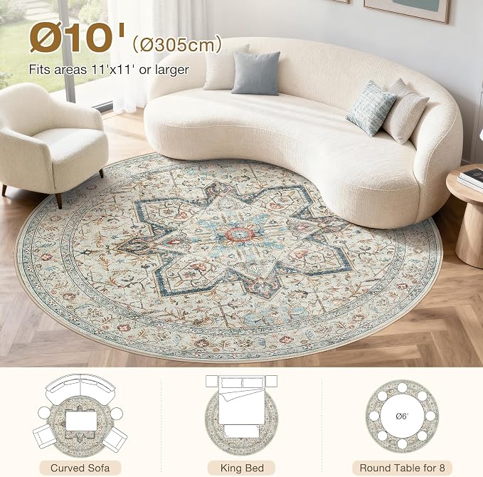 Tortania 10' Round Area Rug Living Room Rugs - Washable Boho Rug Vintage Oriental Distressed Farmhouse Large Thin Indoor Carpet for Bedroom Under Dining Table Home Office - Aqua Multi