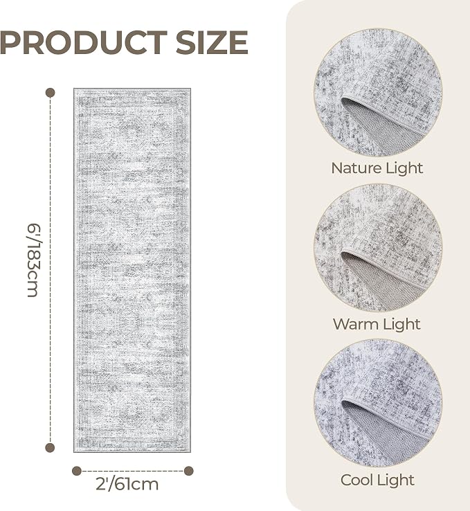 2x6 Runner Rug Non Slip,Washable Hallway Runner Rug,Grey | Neutral Rugs for Kitchen,Entryway,Bedroom,Bathroom,Nursery Room,Thin,Soft Runner Rug,Stain Resistant Indoor Carpet