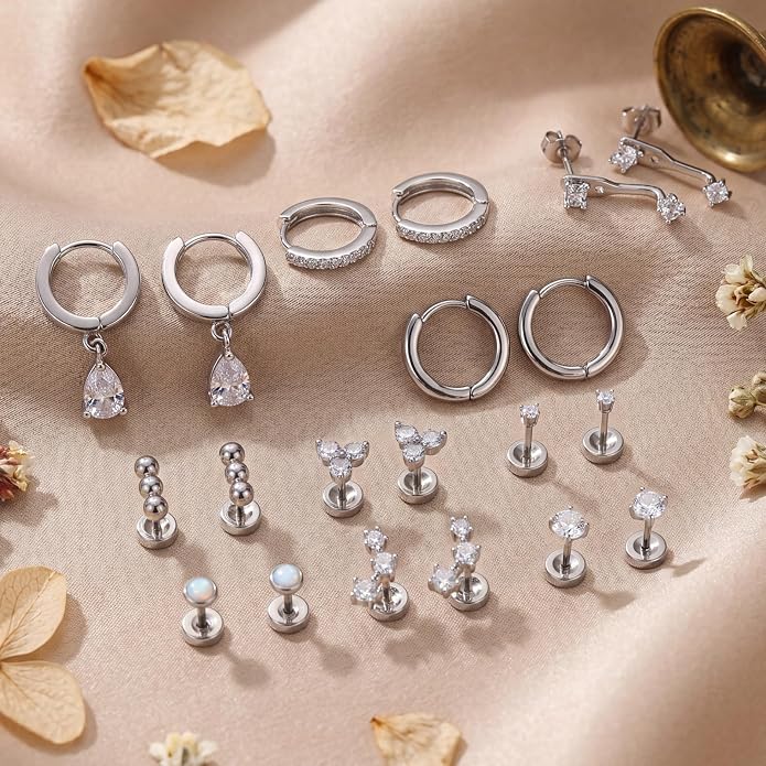 Stainless Steel Stud Earrings Set for Women Hypoallergenic Flat Back Cartilage Earrings Screw Back Huggie Hoop Earrings Multiple Piercing Cubic Zirconia Helix Tragus Jewelry