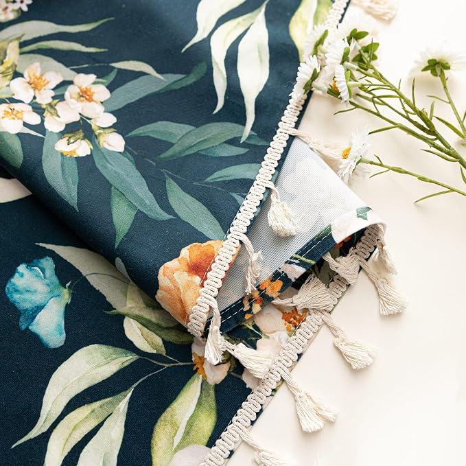 Boho Floral Curtains French Country Farmhouse Curtains 96 Inches Long Light Filtering Window Rod Pocket Drapes for Living Room 2 Panels-Navy Blue Floral