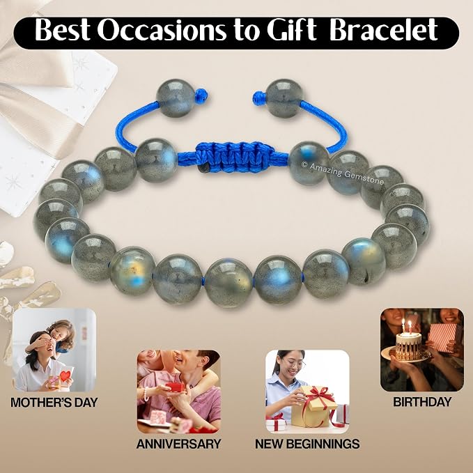 Amazing Gemstone Labradorite Bracelet, Gifts for Men & Women - Protection Healing Crystal Bracelet - 8mm Gemstone Beaded Adjustable Bracelet, Pulseras para Hombres Mujer Stocking Stuffers