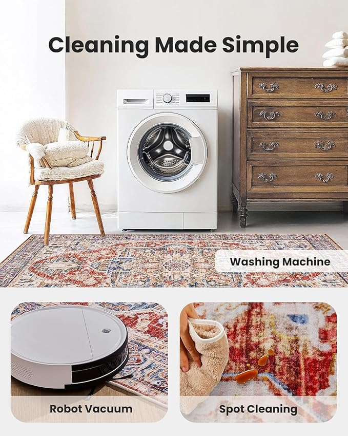 AMADA HOMEFURNISHING 2x6 Washable Runner Rug, Low-Profile Kitchen Rugs with Non-Slip Backing & Durable Edge Binding, Vintage Entryway Runner Rug for Bedroom & Hallway