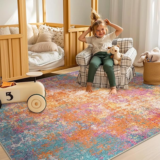 RELEANY Washable Area Rugs 9'x12' Non-Slip Modern Abstract Soft for Living Room Entryway Bedroom Kitchen, Print Pattern, Orange Blue Pink Yellow Colorful
