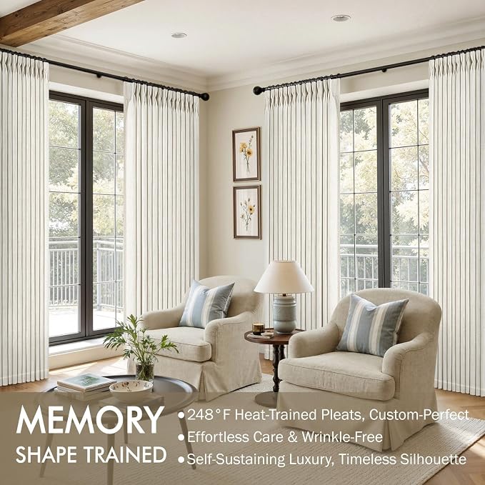 MIULEE Pinch Pleated Linen Curtains 96 Inches Long 2 Panels for Living Room Bedroom, Memory Trained Drapes Pinch Pleat Back Tab Light Filtering Neutral Ivory Cream Farmhouse Boho Window Curtains