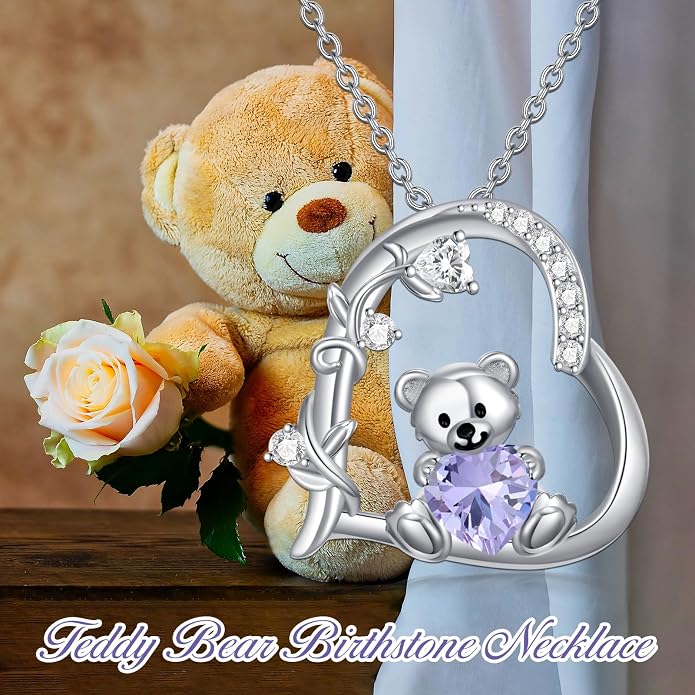 PELOVNY Teddy Bear Necklace for Women 925 Sterling Silver Bear/Highland Cow/Fox/Cat/Axolotl Birthstone Necklace Christmas Birthday Jewelry Gifts for Mom Daughter Wife Sister