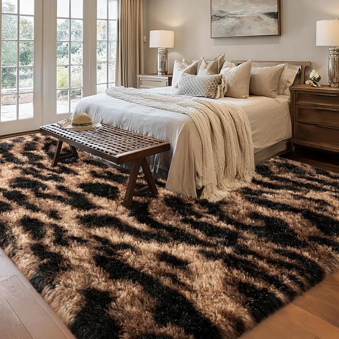 qulint Leopard Rug for Living Room, 5x7 Fluffy Carpet for Bedroom Nursery | Soft Shaggy Cheetah Rug for Kids Room, Modern Animal Carpet for Dorm Room Classroom Home Decor Aesthetic