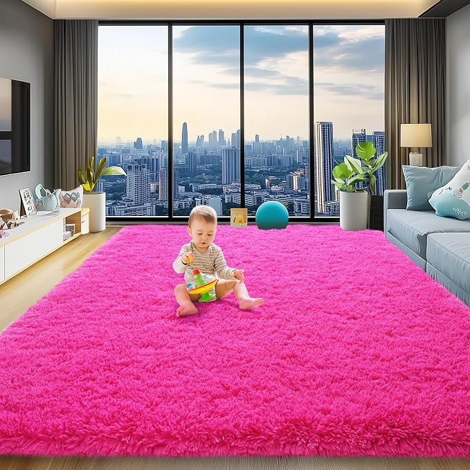 qulint Hot Pink Rug for Living Room 8x10, Fluffy Girl Rug for Bedroom | Shaggy Fuzzy Large Carpet for Nusrery, Plush Cozy Modern Alfombra Para Sala for Office Classroom Dorm Home Decor