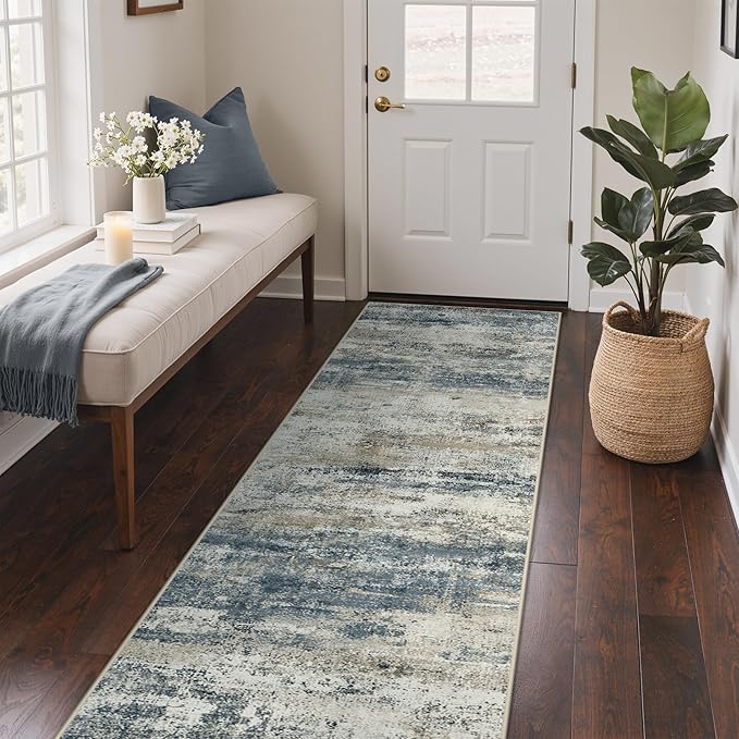 GENIMO Runner Rug Non Slip 2x12, Washable Rug Runner for Hallways Kitchen, Abstract Modern Kitchen Rugs, Low Pile Lightweight Carpet Runners for Entryway, Bedroom, Laundry, Navy Blue