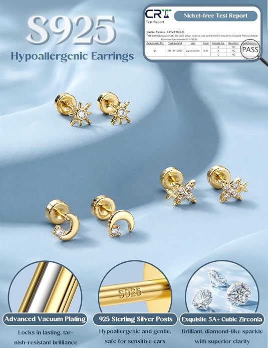 ORAZIO 925 Sterling Silver Flat Back Stud Earrings for Women Hypoallergenic 14K Gold Plated Cartilage Earrings for Sensitive Ears Small CZ Opal Conch Helix Tragus Piercing Jewelry 3 Pairs 20G
