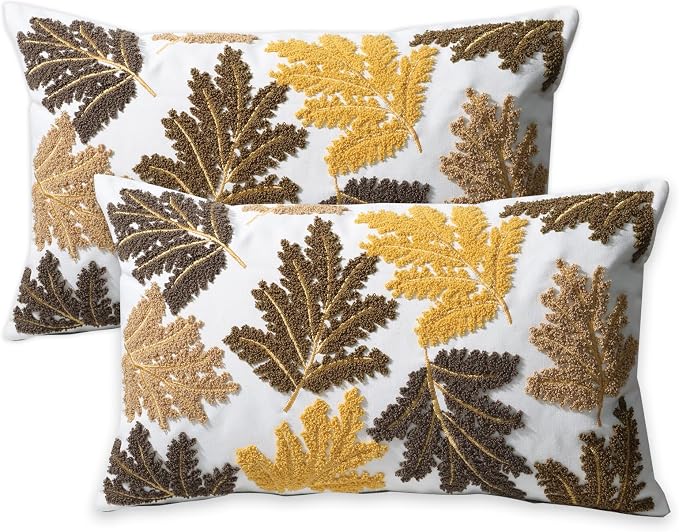 Set of 2 Embroidered Decorative Throw Pillow Covers Couch Square Pillowcases Cushion for Bedroom Sofa Farmhouse Decor 18x18 Inch (Yellow Maple Leaf-Lumbar)