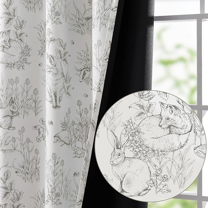 jinchan Grey Blackout Curtains 84 Inch Whimsical Back Tab 2 Panels | Room darkening,nursery kids bedroom,privacy,whimsical,cottagecore,bunny pattern,botanical,nature-inspired decor