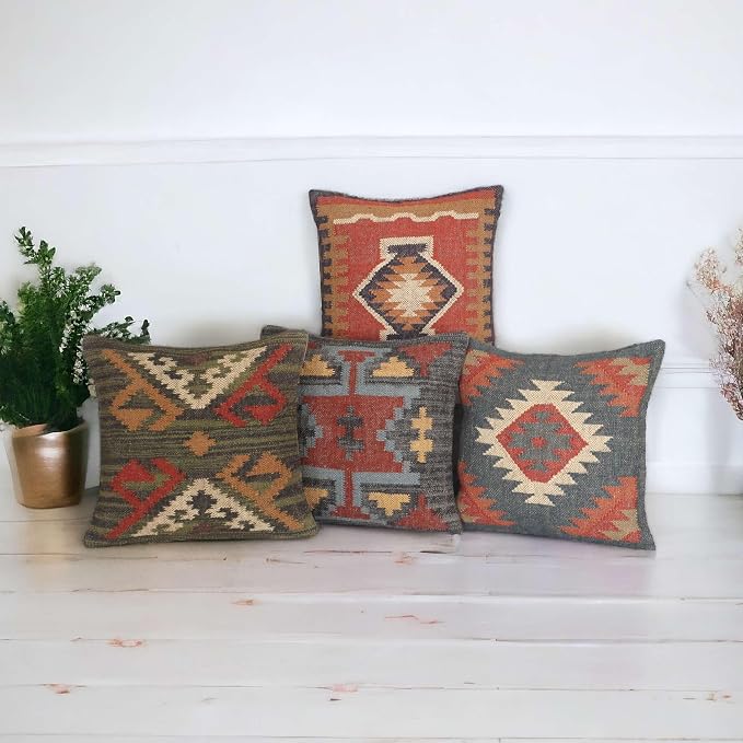 Set of 4 Wool Jute Vintage Kilim Cushion Covers,Home Decor Pillowcases Handwoven Turkish Pillow Decorative Throw Pillow Covers (Multicolor-5)