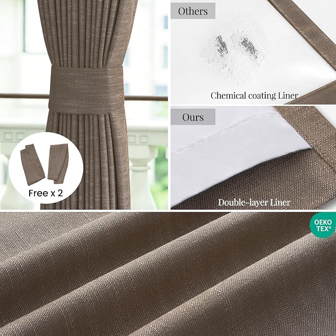 Topfinel Dark Flax Blackout Curtains 102 Inch Long 2 Panels Set, Taupe Linen Room Darkening Drapes Back Tab and Rod Pocket High-End Memory Trained Panels for Modern Boho Family Homes 52" W*102" L